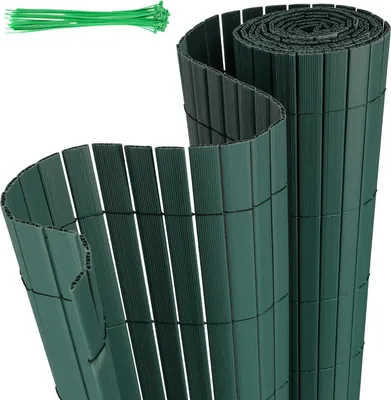 Two rolled-up green privacy screens and a bundle of green zip ties on a white background.