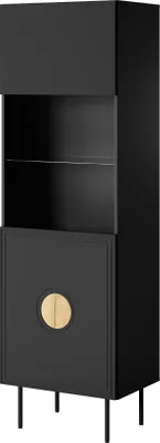 Produktbild von Vitrine PALACE 60 cm 1D SCHWARZ MATT / CRAFT EICHE mit Schwarze Metallbeine 1 Tür offene Regale Glasschrank MDF Möbelseite Schrank Bücherregal Modern Modernische stil Loft Metallfüße
