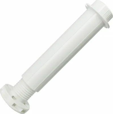 A white adjustable furniture leg or support foot is shown diagonally against a white background.