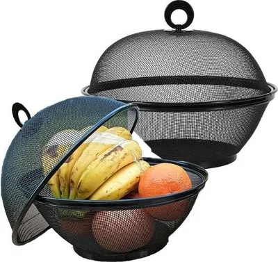 Obrázok produktu pre Kovová sieťovaná miska na ovocie s vekom a sieťkou proti muchám - sada 2 ks - čierna