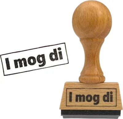 Produktbild von Holzstempel mit 'I mog di' Motiv, rundem Griff und 3x1 cm Stempelfläche