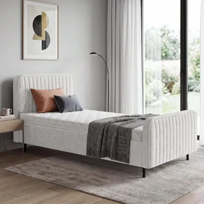 Produktbild von BEAUTYSOFA | Polsterbett LAMI 90x200 cm - Einzelbett mit Bettkasten & Matratze MEDIRO ERGO+ H2, Kopfteil und Latenrost - Jugendbett Creme