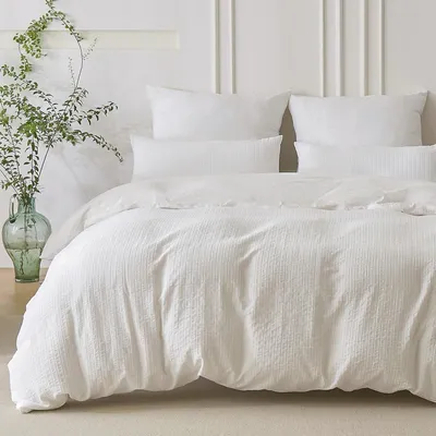Immagine prodotto di Set di lenzuola 220x240 cm, cotone jacquard, a righe, bianco, 3 pezzi
