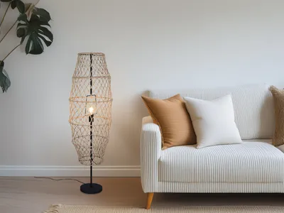 Produktbild von Kleine LED Makramee Boho Stehlampe Lampenschirm geflochten Wohnzimmer Ecke 120cm