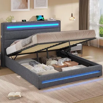 Imagen del producto de Cama de 160x200 con iluminación LED, cama hidráulica de 160x200 cm, cama tapizada para matrimonio, estructura de cama con espacio de almacenamiento y somier, dormitorio, tela de lino, color gris