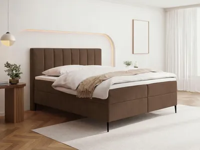 Produktbild von Boxspringbett mit Bettkasten – Polsterbett 160 x 200 cm mit H4 Taschenfederkern 7-Zonen Matratze & 5 cm Topper – Stauraumbett mit hohem Kopfteil & Metallfüße – Samt Velours Braun