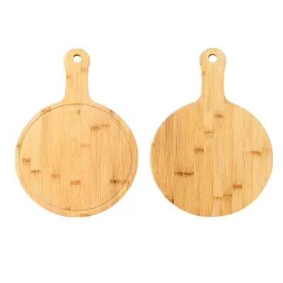 Produktbild von Bambus Pizzateller Schneidebrett, doppelseitig, extra dick, 1,5cm, mit Griff, rund, 28x20x1.5cm