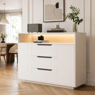 Produktbild von Sideboard Mehrzweckschrank 85x120x40 cm mit 3 Schubladen & 2 Türen, LED-Beleuchtung & offenem Fach, Kommode für Wohnzimmer Büro, Weiß Matt