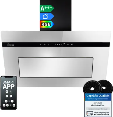 Produktbild von KKT KOLBE Dunstabzugshaube 80 cm Umluft Abluft Kopffrei Wandhaube Schwarz Glas Spiegel | Smart WiFi App WLAN Touch | RGBW LED-Beleuchtung | PLOOM8005M