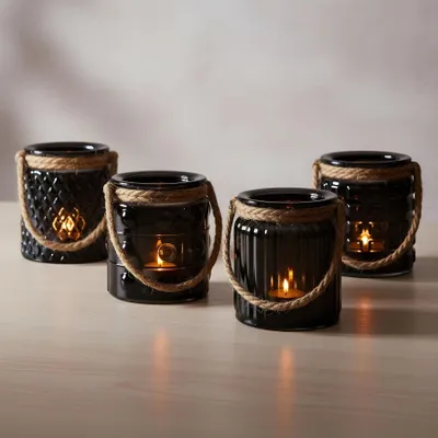 Produktbild von 4er Set Windlicht Glas Schwarz H10cm Teelichthalter Tischdeko Kerzen Retro Deko Kerzenhalter Flachs