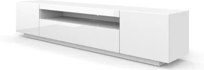 A white, modern TV stand with open shelving and cabinet doors, presented against a white background.