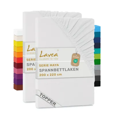 Zdjęcie produktu dla Zestaw 2 sztuk prześcieradeł satynowych Lavea® o wymiarach 200x220 cm, wykonanych w 100% z bawełnianego dżerseju – do materacy o grubości do 12 cm – miękkie, białe