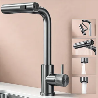 Produktbild von doporro Wasserfall Wasserhahn Küche Hochdruck mit 3 Strahlarten und Einhebel-Mischbatterie, ausziehbare Spültischarmatur Grau Turnix-02