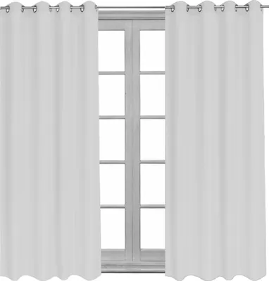 Two white curtains are shown hanging on a curtain rod in front of a window with multiple panes.