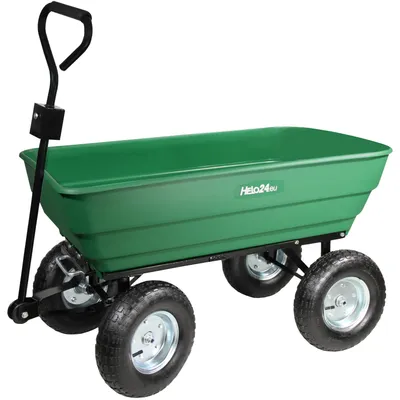 A green garden cart with four wheels and a black handle, shown against a white background.