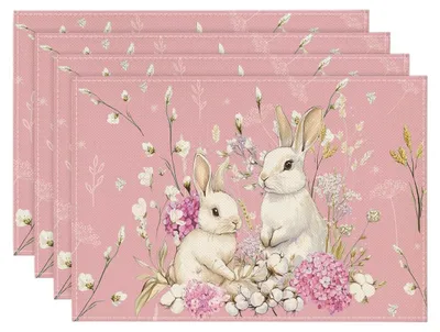 Platzsets 4er-Set, rosa Hortensien, Hasen, 30x45 cm, Ostern