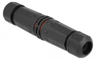 Produktbild von DeLOCK Kabelverbinder für Außenbereich 3 Pin, IP68 wasserdicht, schraubbar, Kabeldurchmesser 4,5 - 7,5 mm schwarz, Gerade, 85 - 260 V, Schwarz, IP68, 25 mm, 114 mm