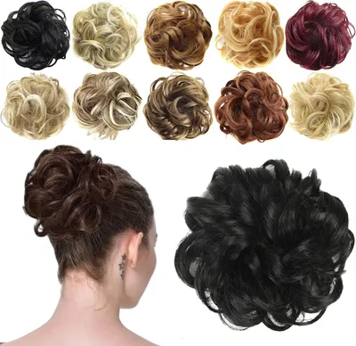 Produktbild von Haargummi-Haarteil, für Haarknoten/Pferdeschwanz, Haarverlängerung, gewellt, unordentlicher Haarknoten, Dutt, Hochfrisur, Haarteil, A01 - Black 1#
