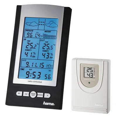 Obrázok produktu pre Hama EWS-800, Čierna, Strieborná, Vnútorný barometer, Vnútorný vlhkomer, Vnútorný teplomer, Vonkajší vlhkomer, Vonkajší teplomer, 20 - 95%, 1 - 99%, 0 - 60 °C, -40 - 65 °C