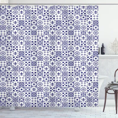 Immagine prodotto di ABAKUHAUS Tenda da doccia indaco e bianca, motivo geometrico - design azulejo portoghese - piastrelle quadrate - motivo riassuntivo, 175 x 180 cm, indaco bianco