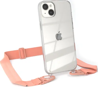 Produktbild von EAZY CASE - Hülle mit Band für Apple iPhone 14 Plus, Handyhülle mit Umhängeband, Silikonhülle transparent, Handykette in Orange