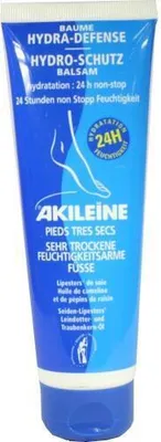A blue tube of Akileine Hydro-schutz Balsam on a white background.