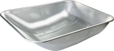 A close-up, studio shot of a silver wheelbarrow basin.