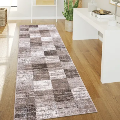 A runner rug with a geometric pattern is laid out on a wooden floor in a hallway, next to a white console table and a potted plant.