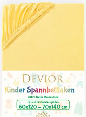 Produktbild von Devior Jersey Kinder Spannbettlaken 60x120 - 70x140 cm gelb Bettlaken 100% Baumwolle bis 12cm Matratzenhöhe Gummizug