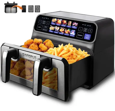 Immagine prodotto di Friggitrice ad aria senza olio - Friggitrice ad aria 2200 W - 9 L, doppia camera XXL - Display touch LED - Programmi automatici - Timer