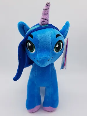 A plush toy of a blue unicorn with a purple horn and green eyes, standing against a white background.