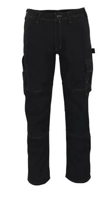 A pair of black work pants is shown against a white background.