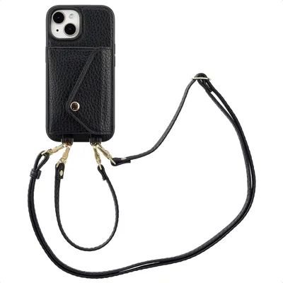 Zdjęcie produktu dla Etui na telefon Selencia Sera ze sznurkiem i kopertą na karty do Apple iPhone 15 - czarne