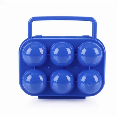 A blue plastic egg carton with a handle, designed to hold six eggs.