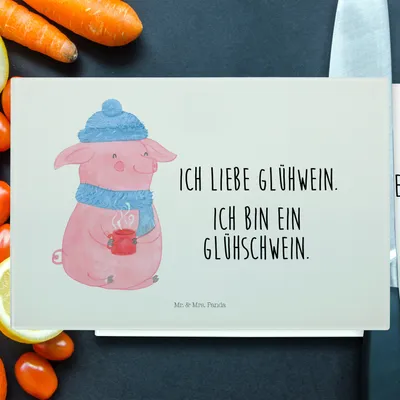 Produktbild von Mr. & Mrs. Panda Glas Schneidbrett Schwein Glühwein - Weiß - Geschenk, Glasschneidebrett, Weihnachten, Schneidplatte, Weihnachtsmarkt, Hackbrett, Schneidebrett, Aus
