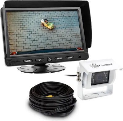 Produktbild von Carmedien CM-ESRFS3 Rückfahrsystem mit weisser Rückfahrkamera und 7“ TFT Monitor Rückfahrvideosystem für Transporter Wohnmobil LKW 12V 24 Volt