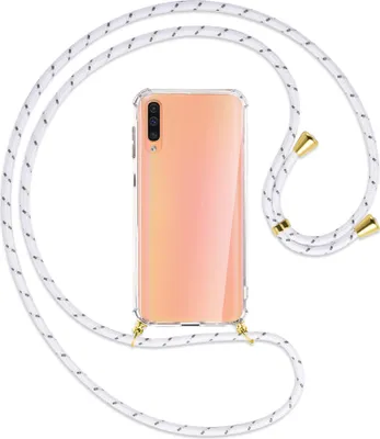 Produktbild von Handykette Backcover-Schutzhülle mit Band (Metall goldfarben) für Samsung Galaxy A50 - weiß/grau