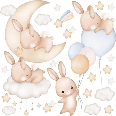 Produktbild von Wandaufkleber Set für Kinder KANINCHEN Ballons Wolken Sterne 60x30cm Wandsticker Wandtattoos Set für Baby