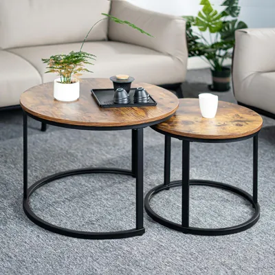 Image de Hawthyhome Ensemble de tables basses 2 pièces Table d'appoint en bois avec cadre métallique Tables basses modernes pour le salon Chambre à coucher Marron