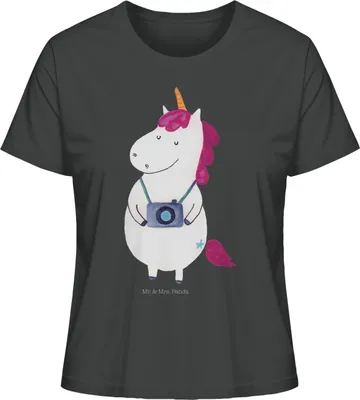 Produktbild von Mr. & Mrs. Panda Basic Shirt Damen Einhorn Fotograf Größe L - Anthrazit - Geschenk, Kamera, T-Shirt Kurzarm, Einhörner, Baumwoll, Unicorn, Jersey, Fotografie, Oberteil
