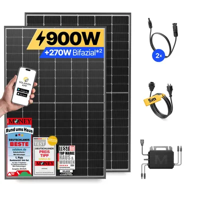 Produktbild von Balkonkraftwerk 900W Solaranlage Steckerfertig Komplettset Photovoltaik Anlage 800W, Kabellänge: 5m, Solakon - onLite