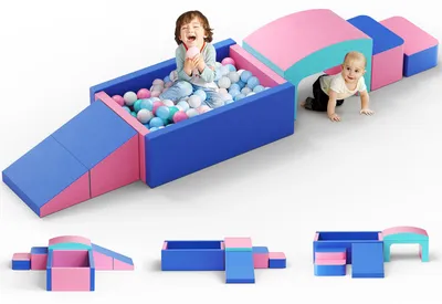 Image de Jeu d'éveil à grimper, 9 pièces, pour jeunes enfants - Blocs de construction avec balle - Aire de jeux d'intérieur - Pour ramper, grimper et glisser - Bois - Jaune