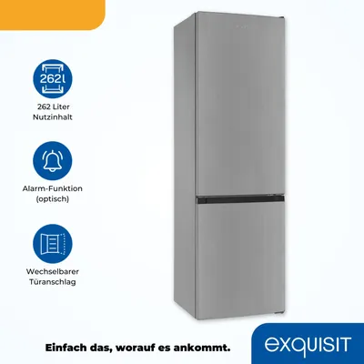 Produktbild von Exquisit Kühl-Gefrierkombination, 262 Liter, 4 Glasablagen, 3 Gefrierschubladen, Kühlschrank mit 4-Sterne-Gefrierfach, KGC265-70-040D inoxlook