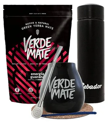Produktbild von Verde Mate - Yerba Mate Tee Set Green Energia Guarana 500g - Dicke Blätter 5mm - LED Thermoskanne 480ml - Mate Becher Keramik Schwarz 350ml - Bombilla