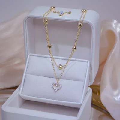 Produktbild von Damen-Halskette, doppellagig, zierliche goldene Kette, glänzender Strass-Herz-Anhänger, Damen-Schlüsselbein-Halskette, Modeschmuck
