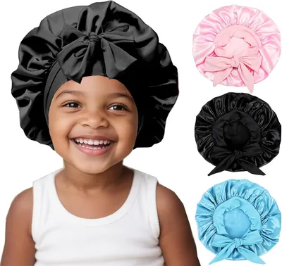 Imagen del producto de Conjunto de gorros para dormir, de 3 piezas, de satén, con banda elástica, para niños de hasta 5 años, para proteger el cabello