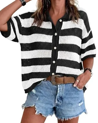Produktbild von Gestreifte Häkelstrickjacke für Damen, mittellang, lockere Passform,Größe:L