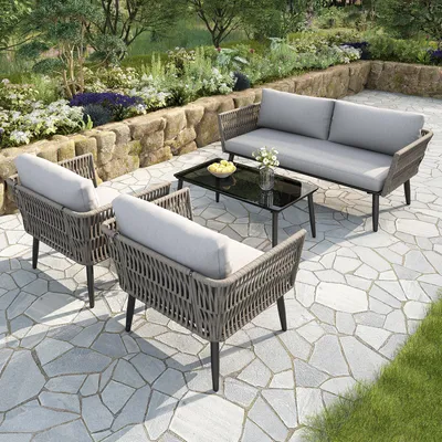 Produktbild von Gartensofagarnitur, Terrassenmöbelgarnitur, Outdoor-Liegestuhl mit 2-Sitzer-Sofa, 2 Sesseln und Couchtisch, Rahmen aus verzinktem Stahl, grau