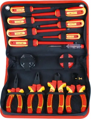 A set of tools laid out in a red and black nylon case.