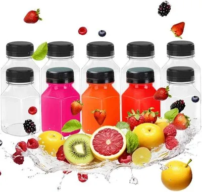 Produktbild von Kleine, transparente Trinkflaschen – Wiederverwendbare Saftflaschen – Ideal für Säfte und Smoothies – 120 ml – Set mit 10 Stück – Perfekt für unterwegs